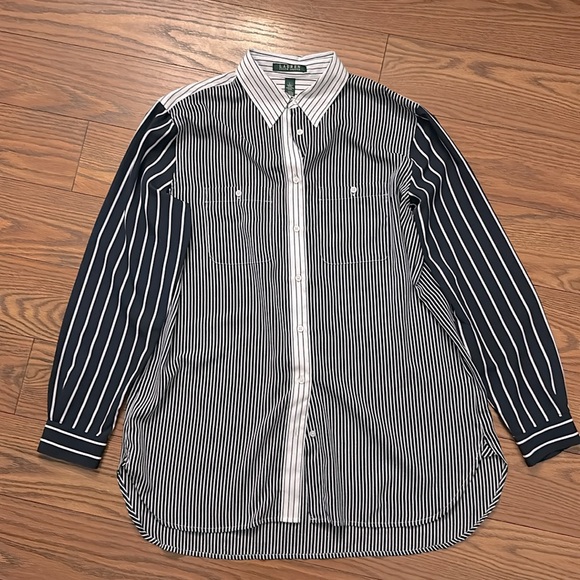 Ralph Lauren Women’s Long Sleeve Pinstripe Blouse Navy Stripe Button Down Shirt - Picture 7 of 8